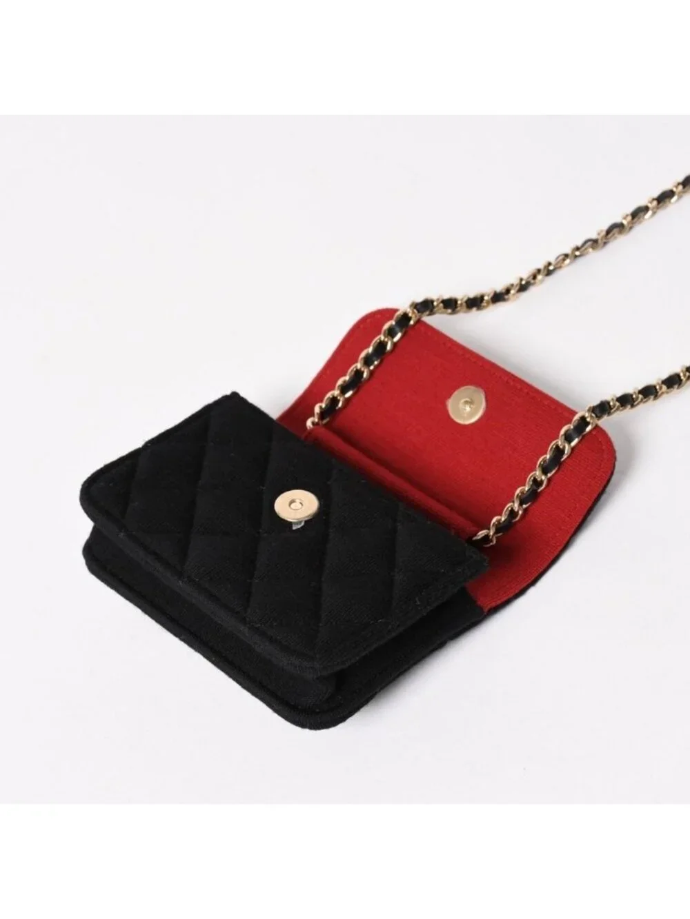 Chanel Mini Quilted Chain Shoulder Bag CC Logo Stand Black Gold Cotton
